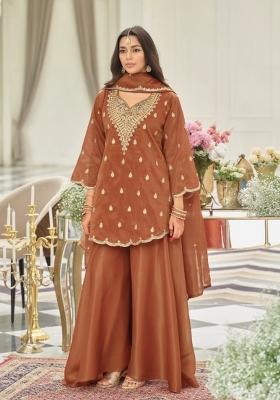 Orange Embroidered Silk Kurta Set