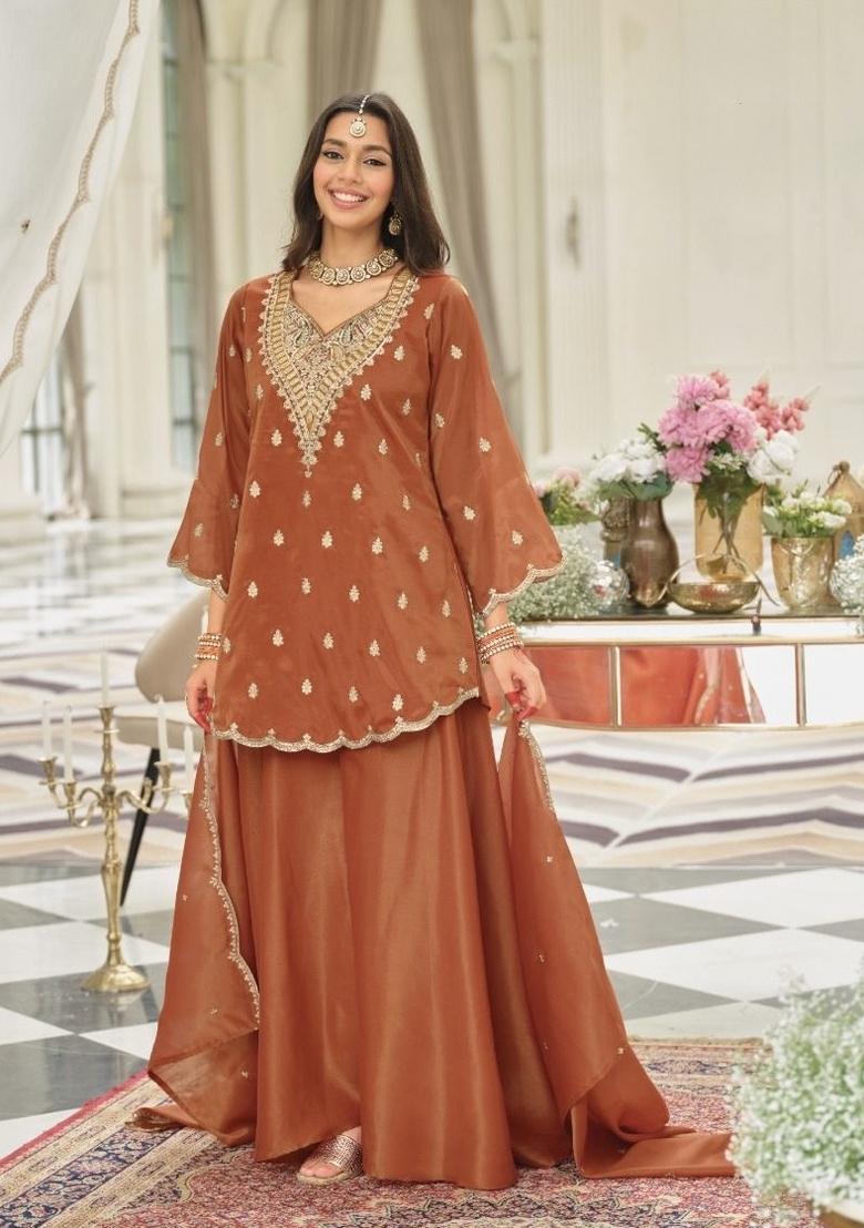 Orange Embroidered Silk Kurta Set - Indya