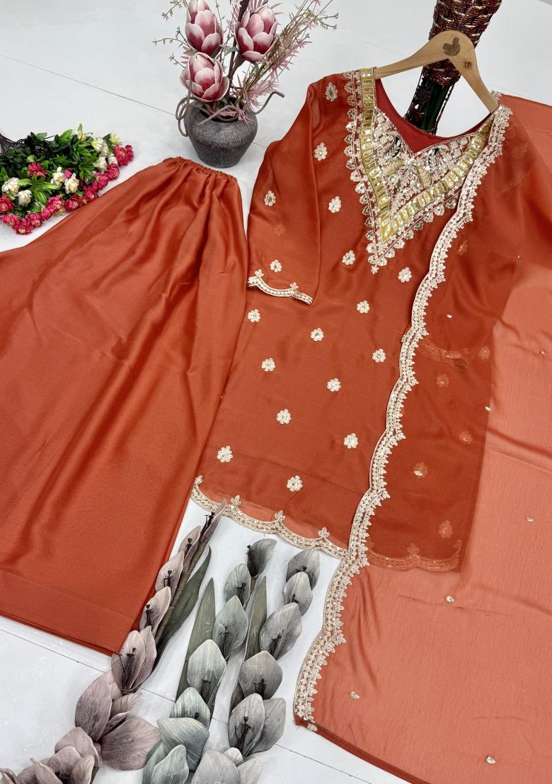 Orange Embroidered Silk Kurta Set - Indya
