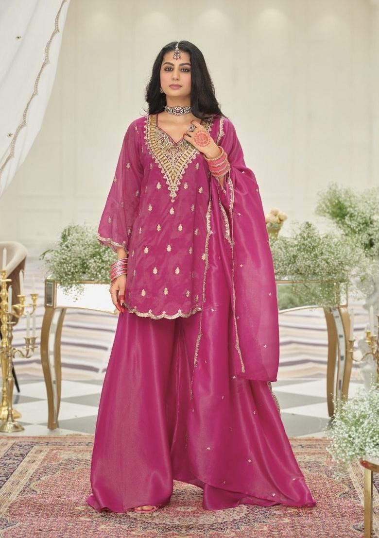 Pink Embroidered Silk Kurta Set - Indya