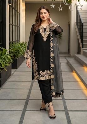 Black Embroidered Georgette Kurta Set