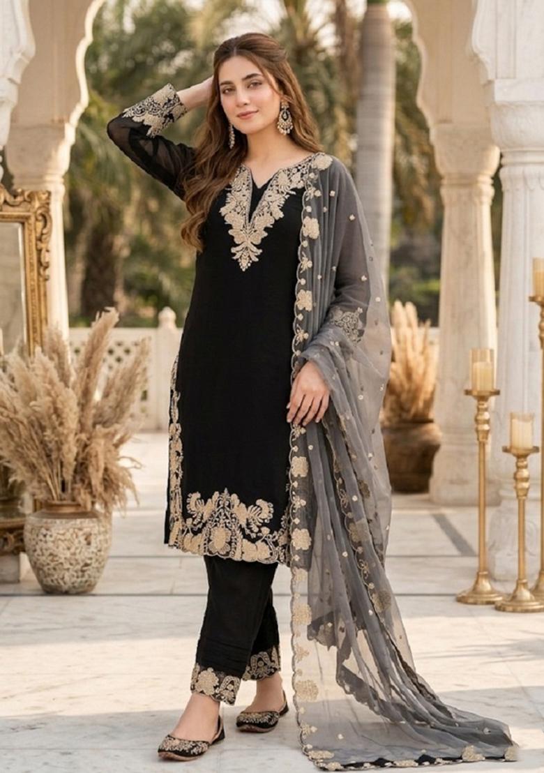 Black Embroidered Georgette Kurta Set - Indya
