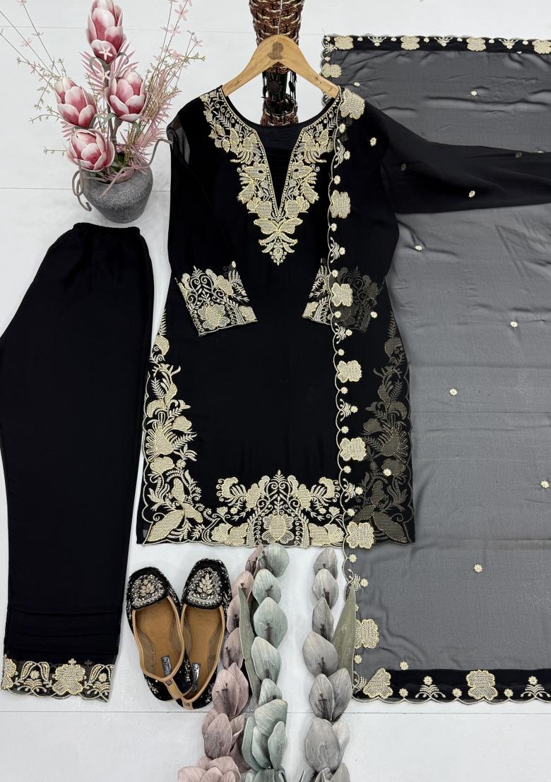 Black Embroidered Georgette Kurta Set - Indya
