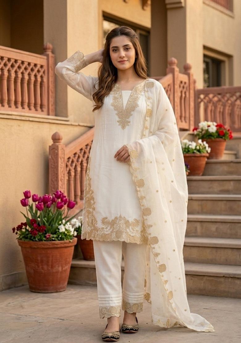 White Embroidered Georgette Kurta Set - Indya