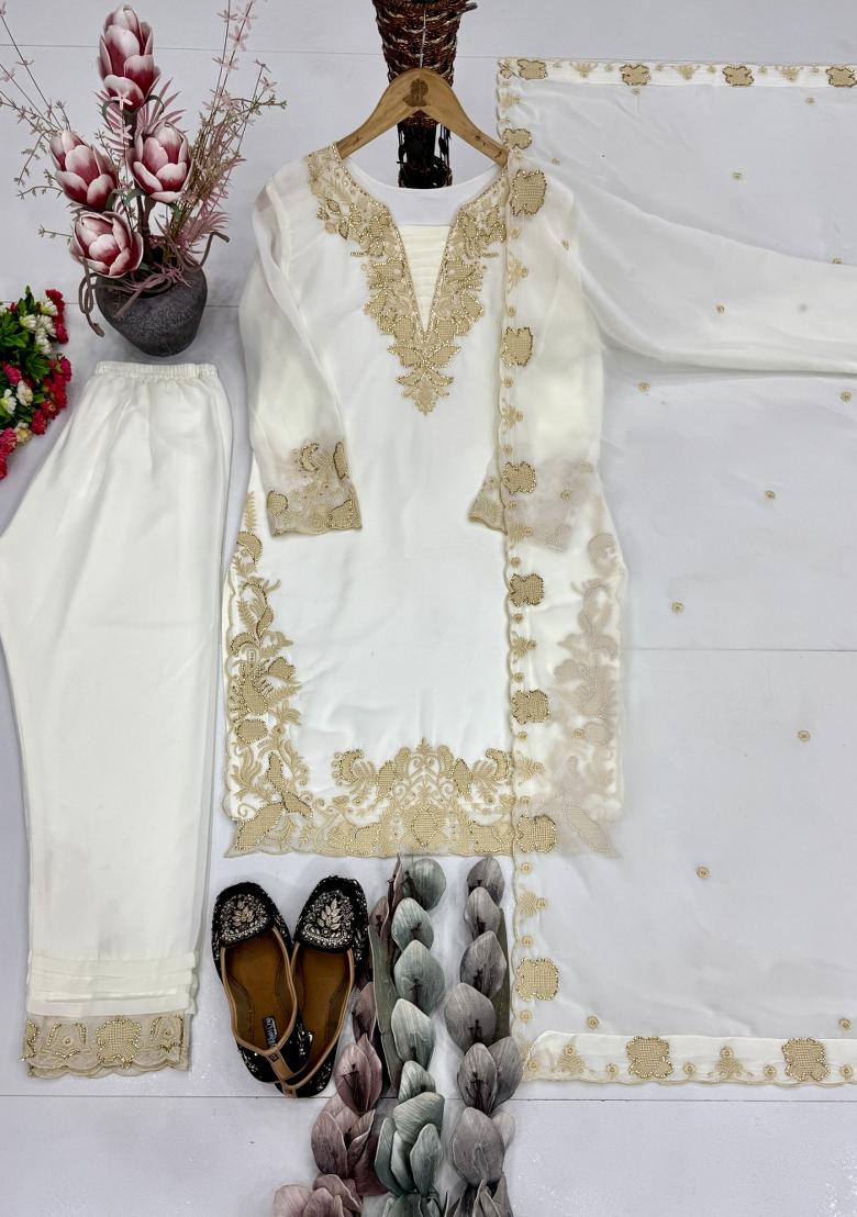 White Embroidered Georgette Kurta Set - Indya