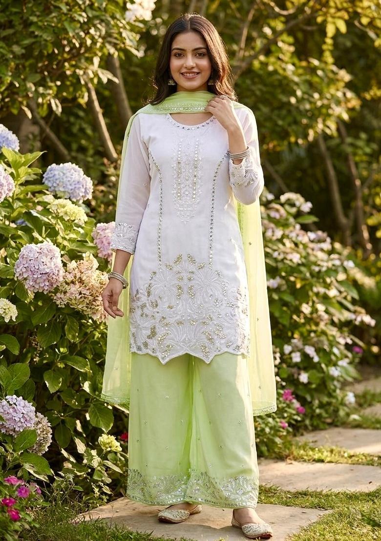 Lite Green Embroidered Georgette Kurta Set - Indya