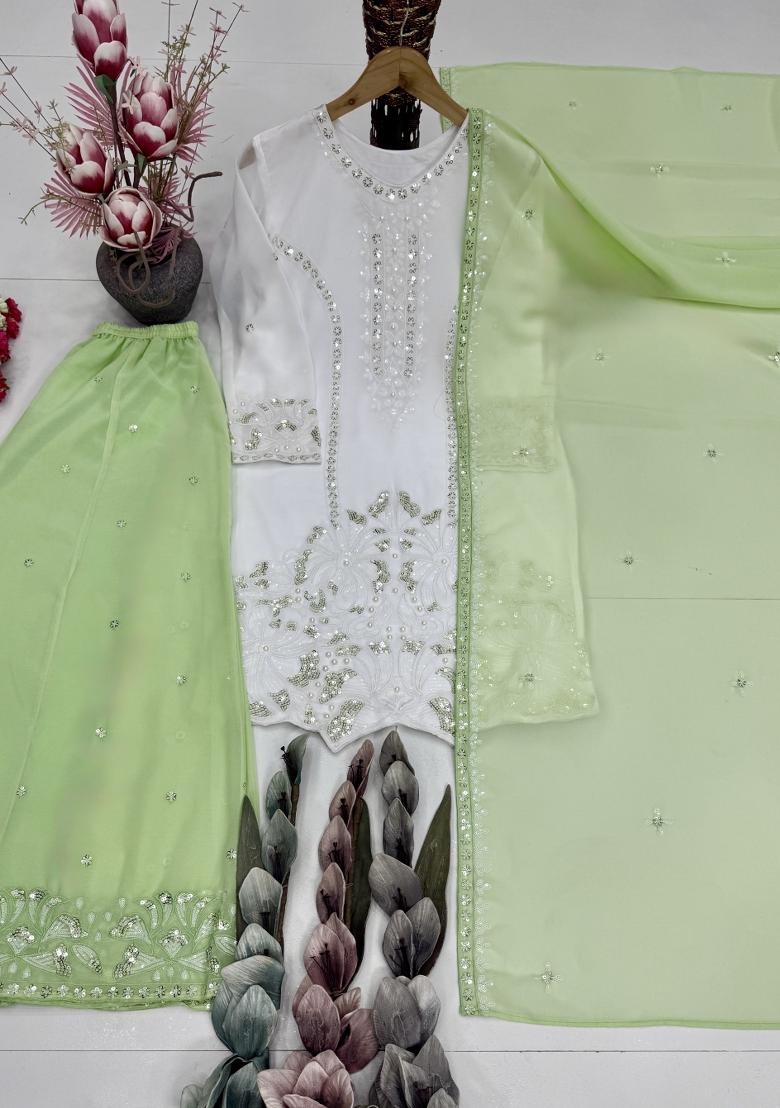Lite Green Embroidered Georgette Kurta Set - Indya