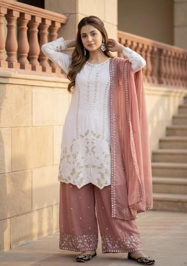 Peach Embroidered Georgette Kurta Set - Indya