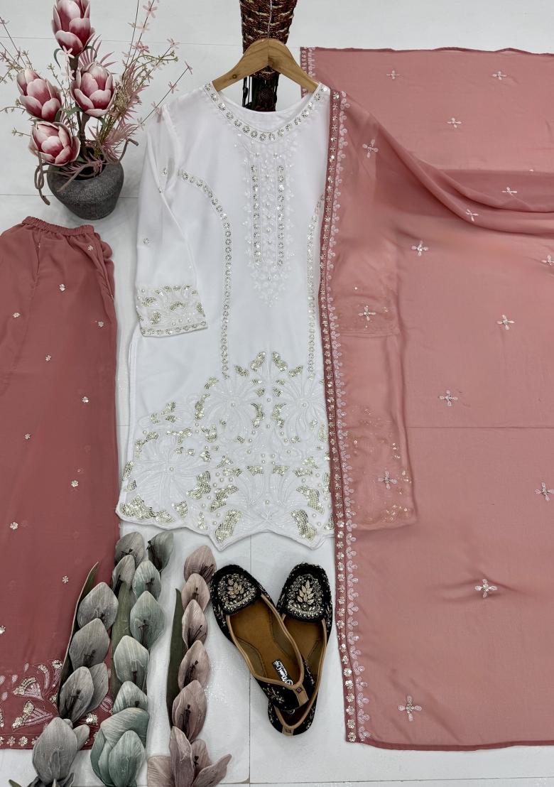 Peach Embroidered Georgette Kurta Set - Indya