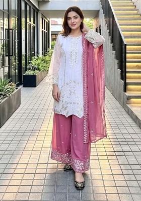Rani Pink Embroidered Georgette Kurta Set