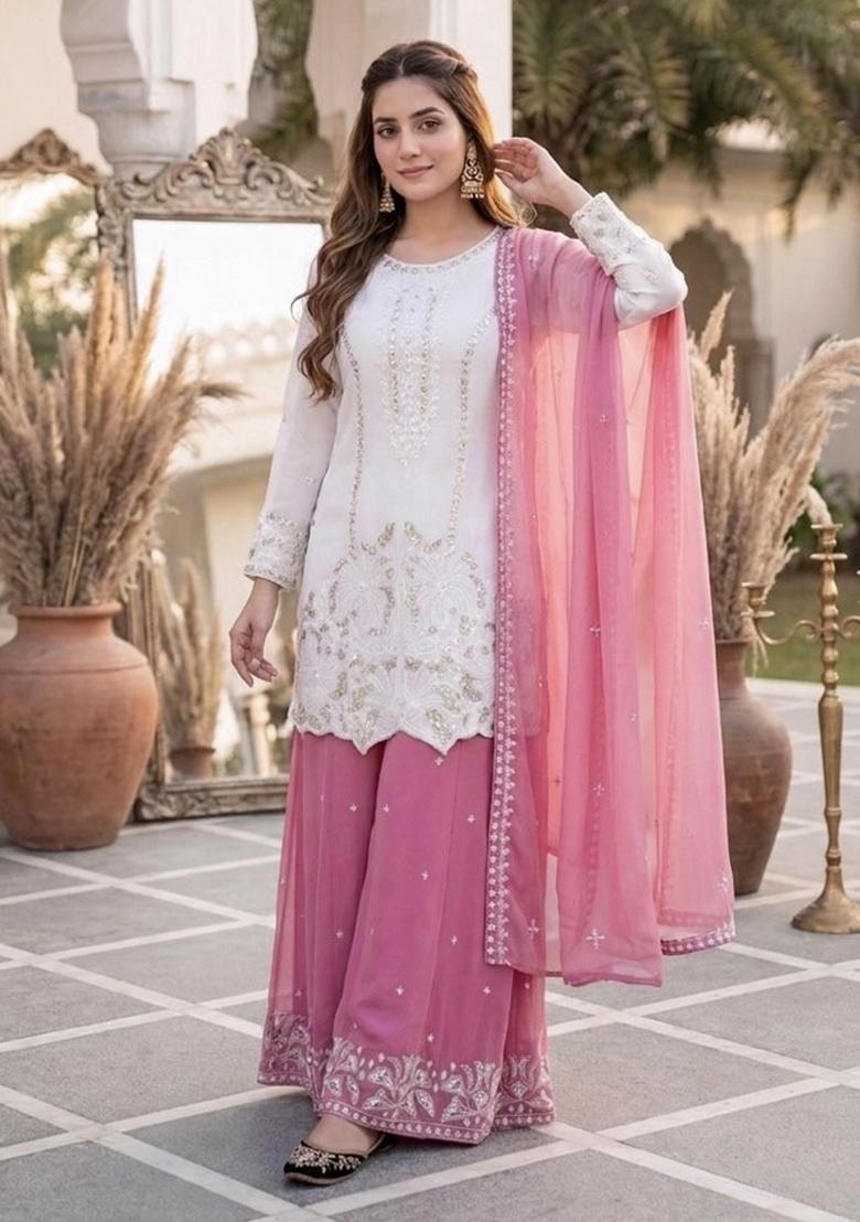 Rani Pink Embroidered Georgette Kurta Set - Indya