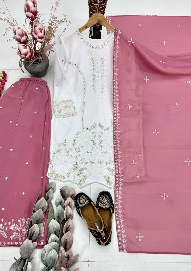 Rani Pink Embroidered Georgette Kurta Set - Indya