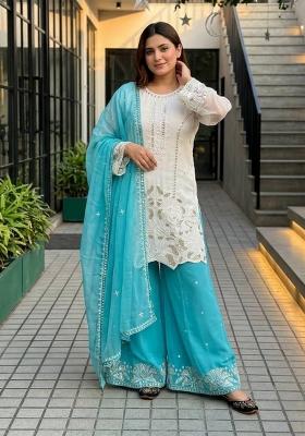 Sky Blue Embroidered Georgette Kurta Set