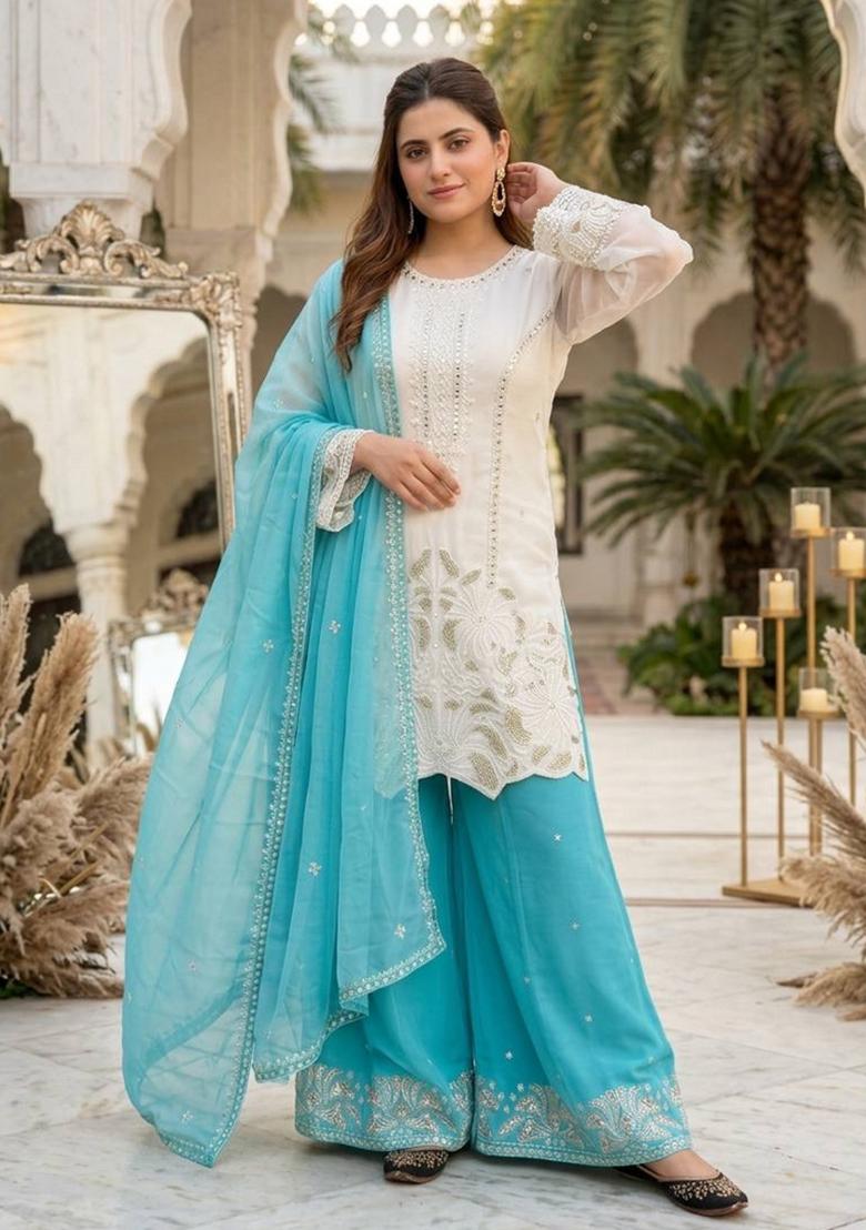 Sky Blue Embroidered Georgette Kurta Set - Indya