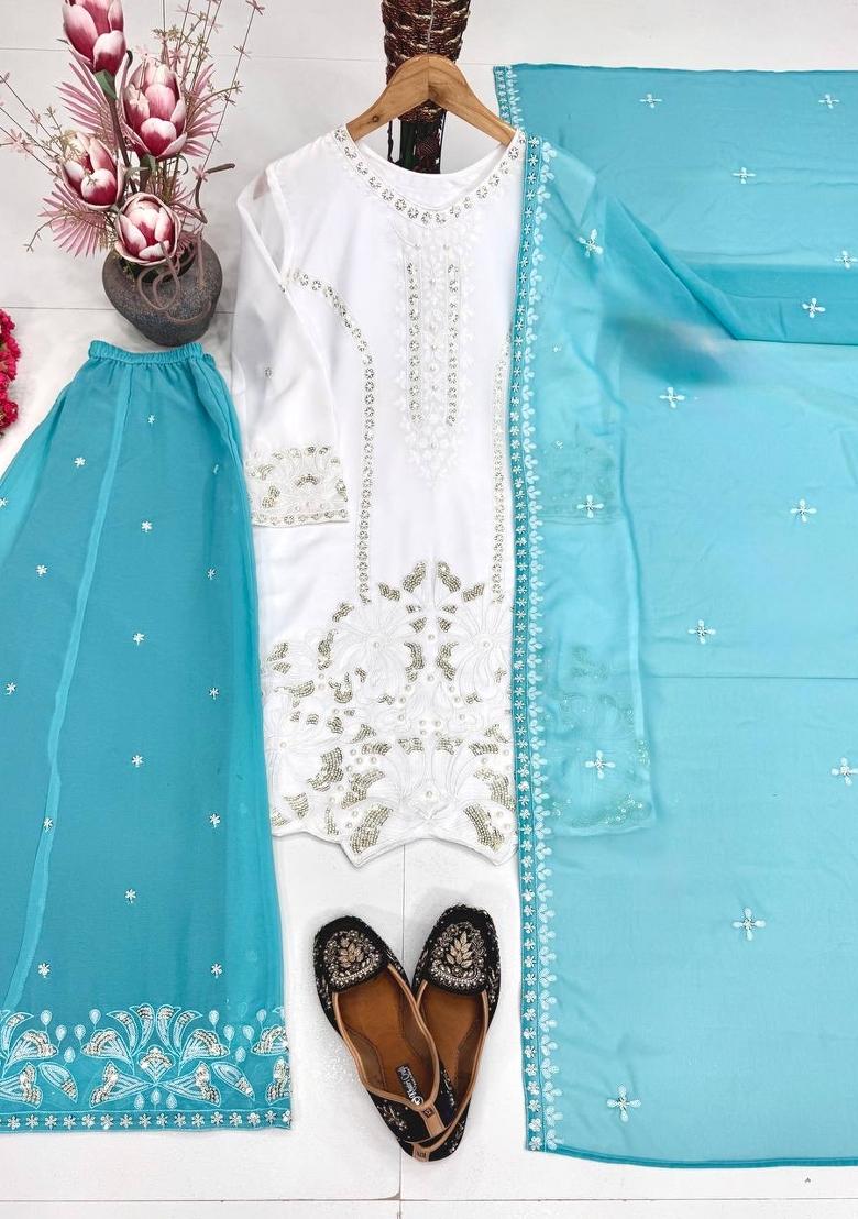 Sky Blue Embroidered Georgette Kurta Set - Indya