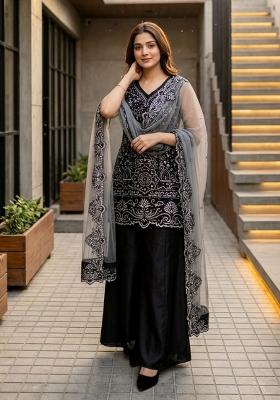 Black Embroidered Georgette Kurta Set