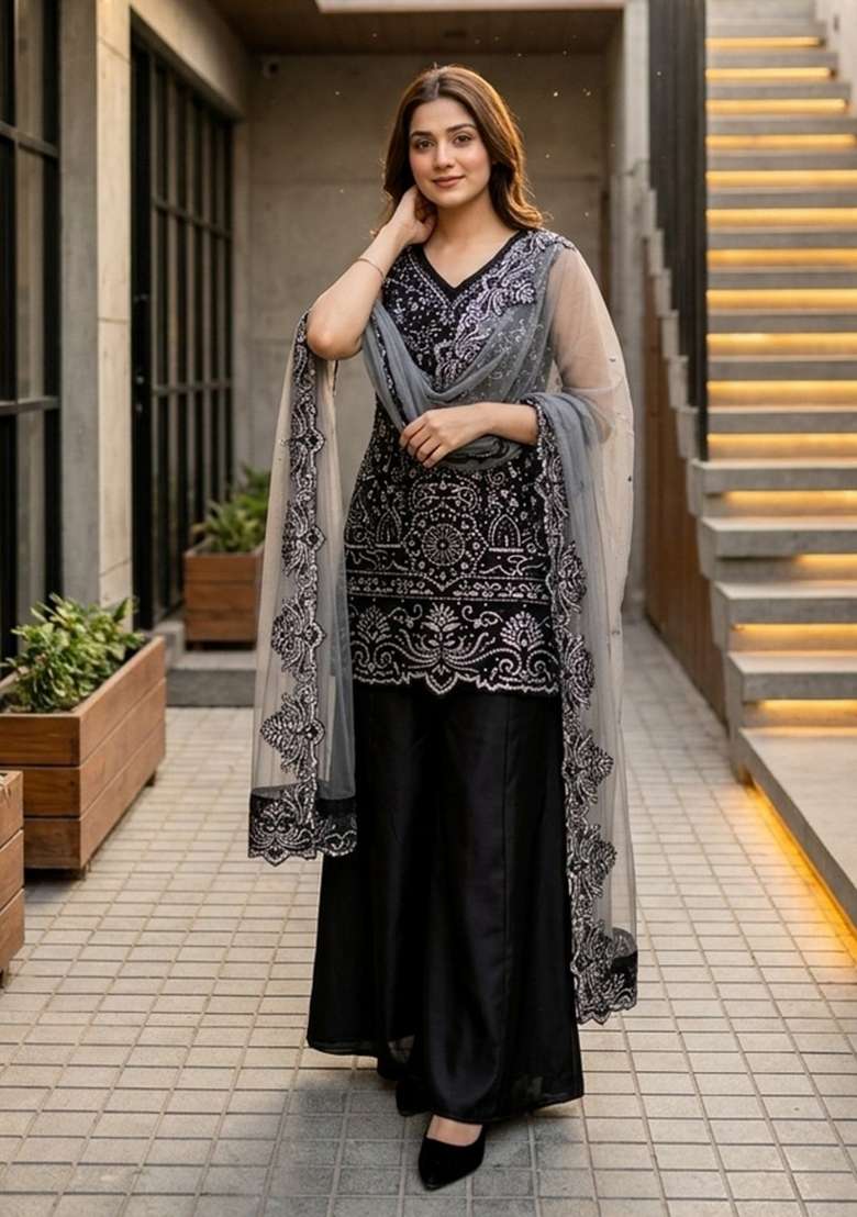 Black Embroidered Georgette Kurta Set - Indya