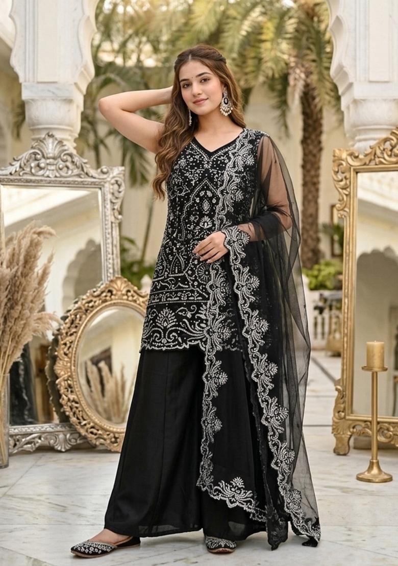Black Embroidered Georgette Kurta Set - Indya