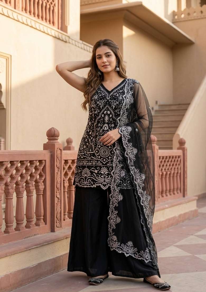 Black Embroidered Georgette Kurta Set - Indya