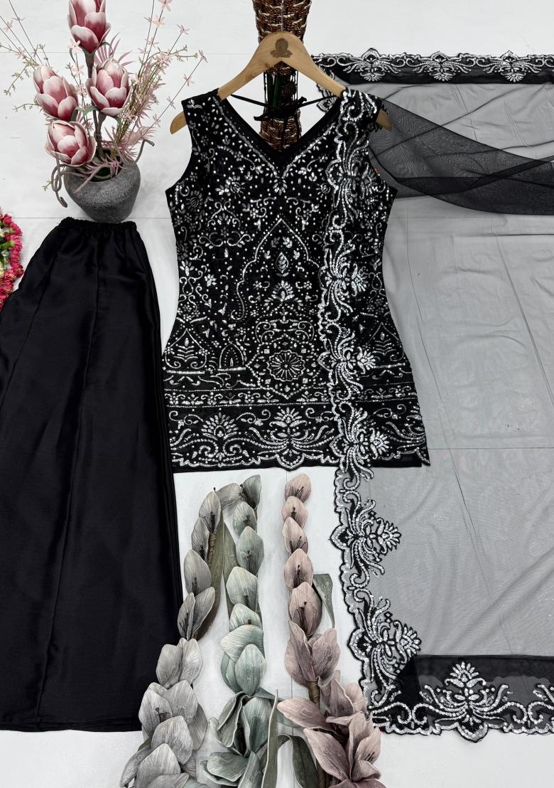 Black Embroidered Georgette Kurta Set - Indya
