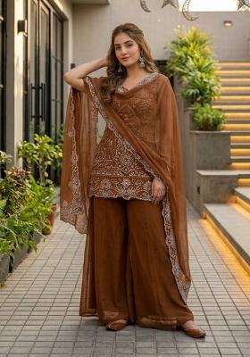 Brown Embroidered Georgette Kurta Set