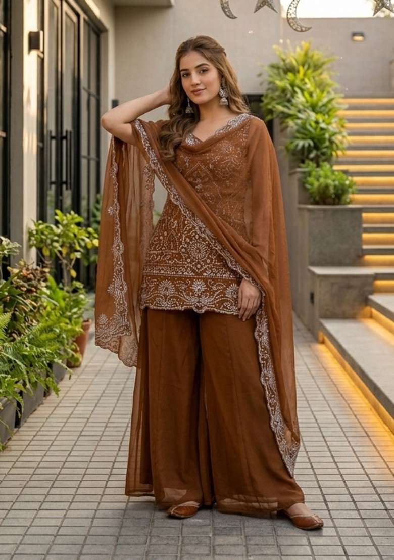 Brown Embroidered Georgette Kurta Set - Indya