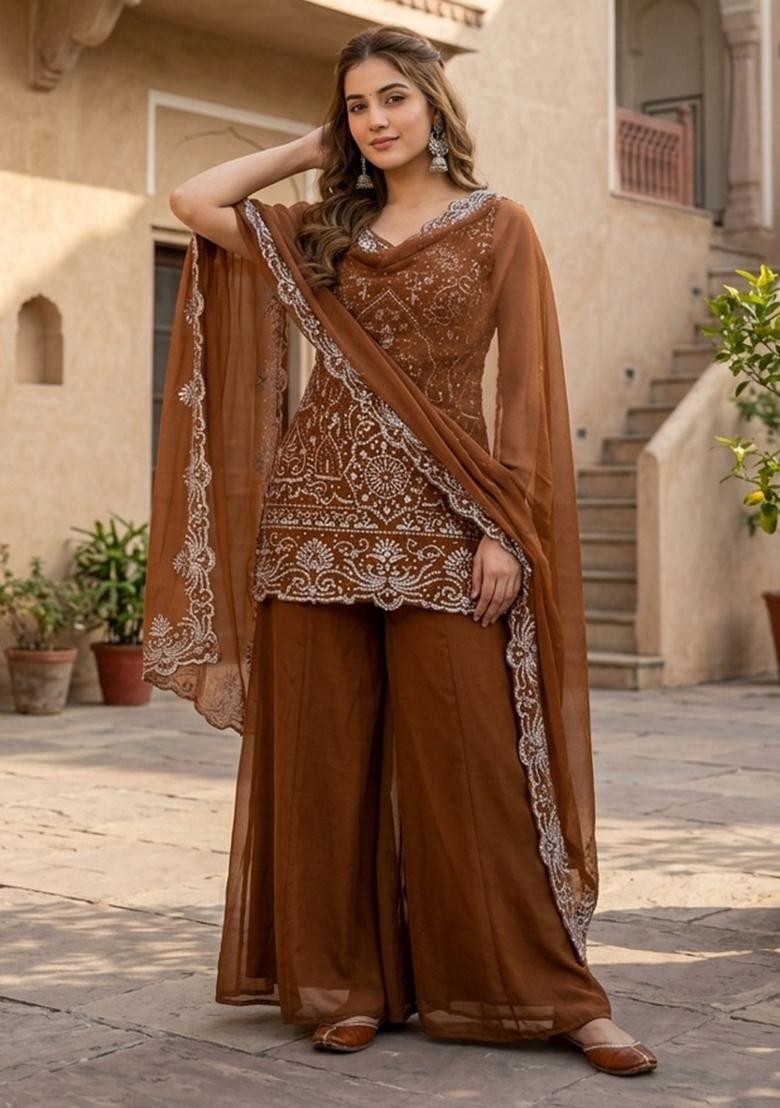 Brown Embroidered Georgette Kurta Set - Indya