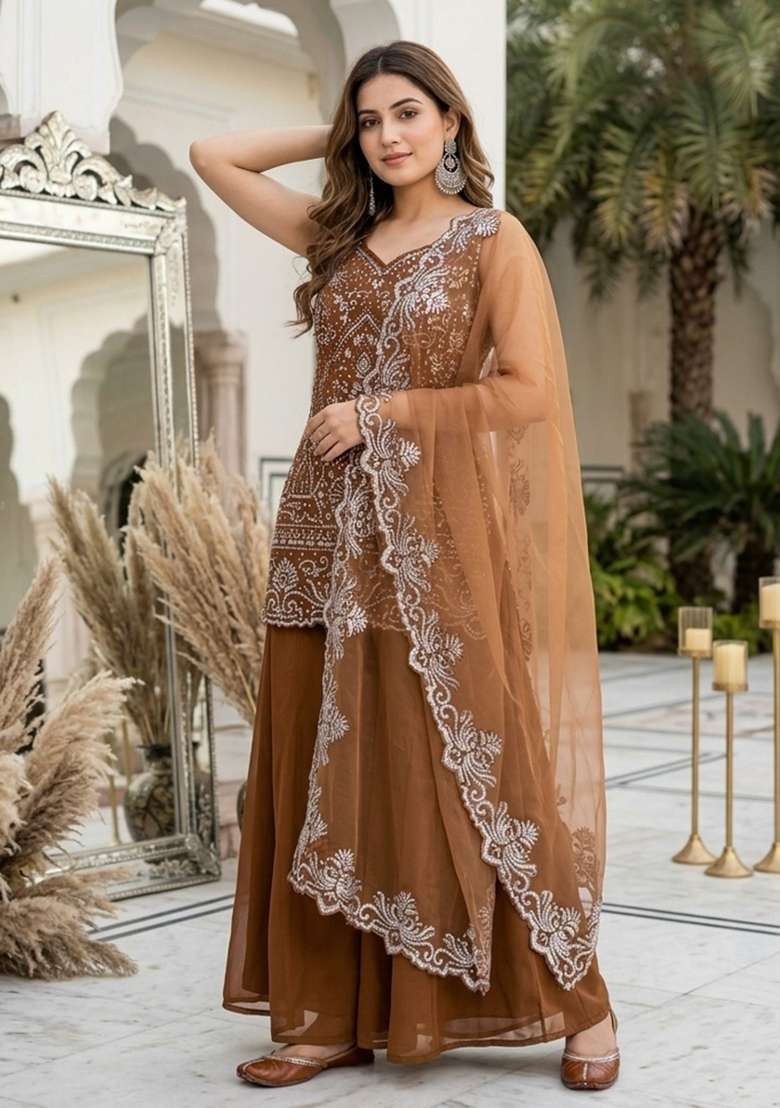 Brown Embroidered Georgette Kurta Set - Indya