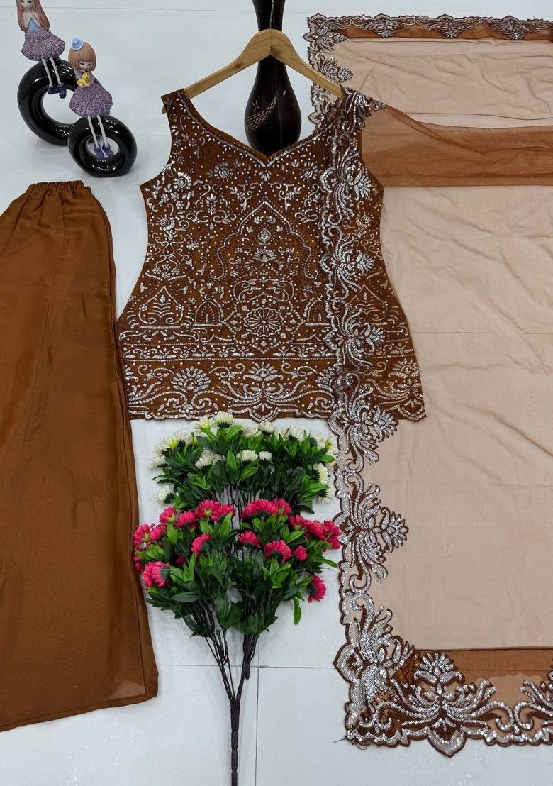 Brown Embroidered Georgette Kurta Set - Indya