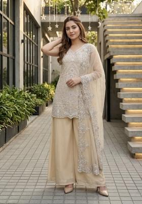 Cream Embroidered Georgette Kurta Set