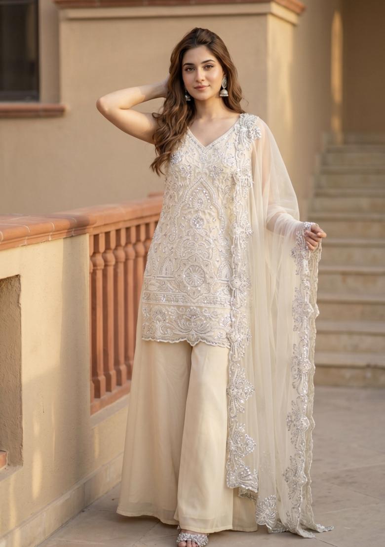 Cream Embroidered Georgette Kurta Set - Indya