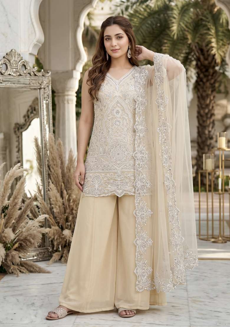 Cream Embroidered Georgette Kurta Set - Indya