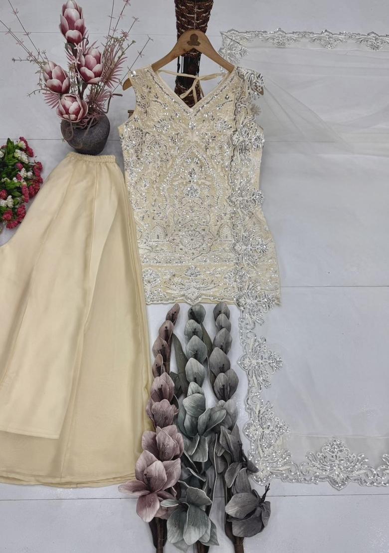 Cream Embroidered Georgette Kurta Set - Indya