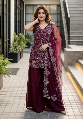Maroon Embroidered Georgette Kurta Set