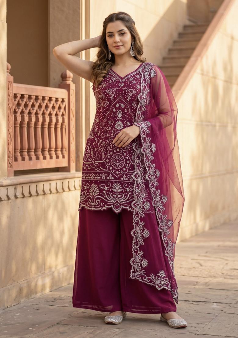 Maroon Embroidered Georgette Kurta Set - Indya