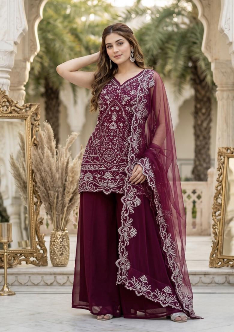 Maroon Embroidered Georgette Kurta Set - Indya