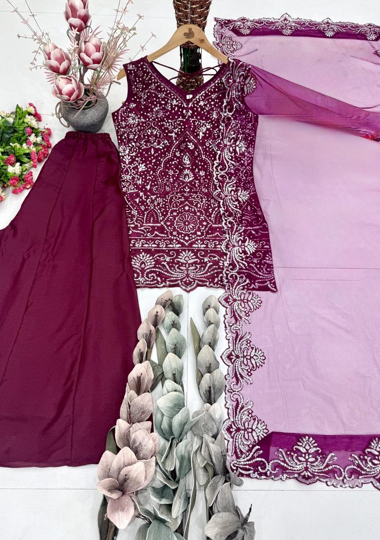 Maroon Embroidered Georgette Kurta Set - Indya