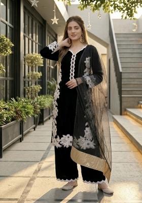 Black Embroidered Silk Kurta Set