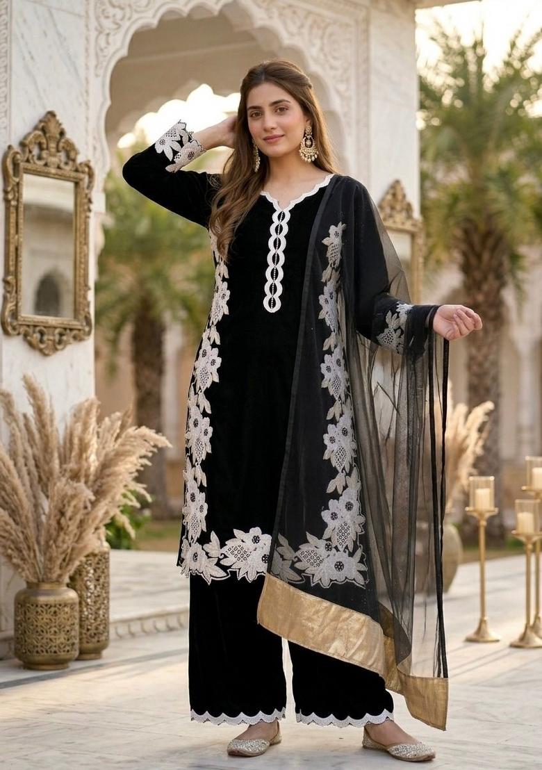 Black Embroidered Silk Kurta Set - Indya