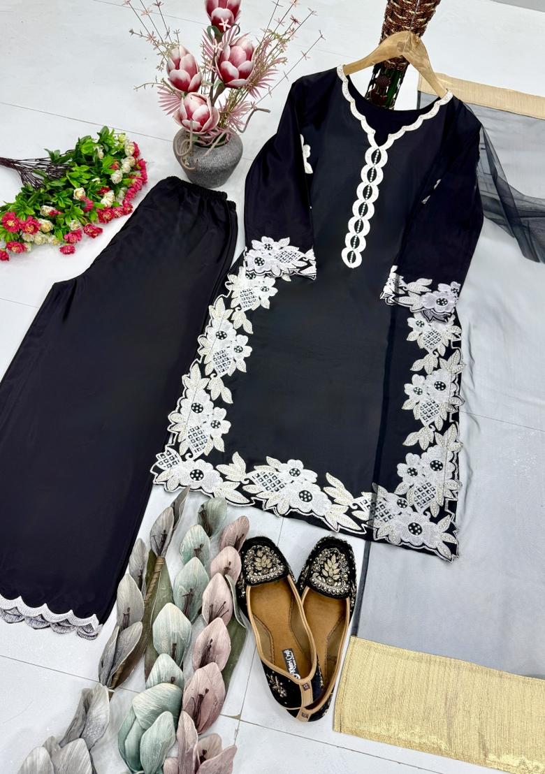 Black Embroidered Silk Kurta Set - Indya