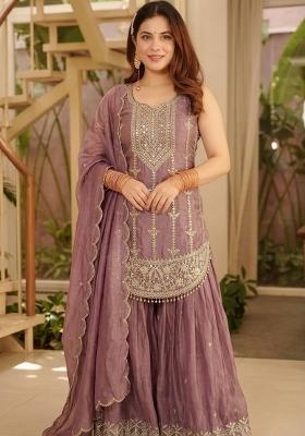 Lavender Embroidered Silk Kurta Set