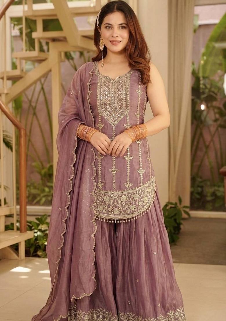 Lavender Embroidered Silk Kurta Set - Indya