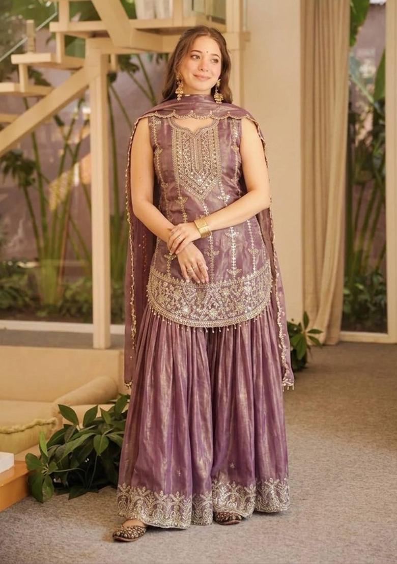 Lavender Embroidered Silk Kurta Set - Indya