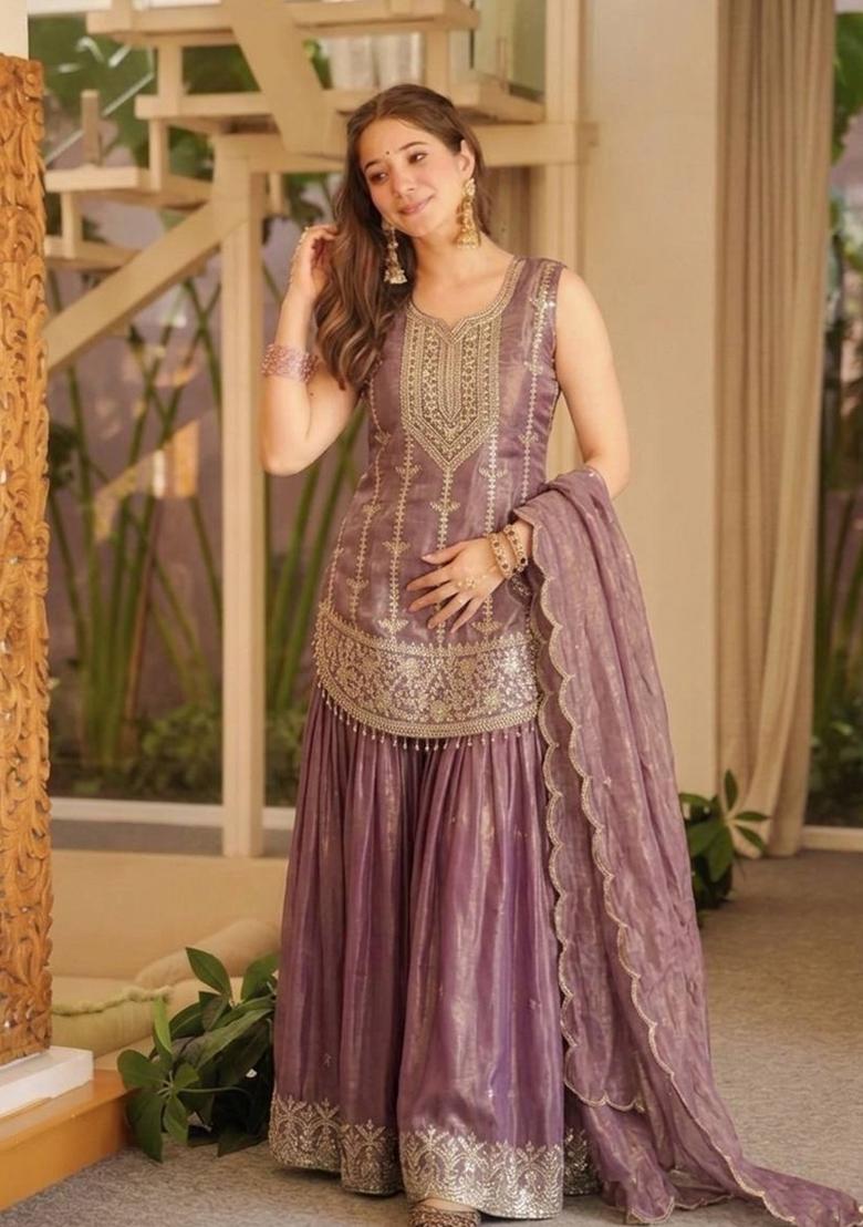 Lavender Embroidered Silk Kurta Set - Indya