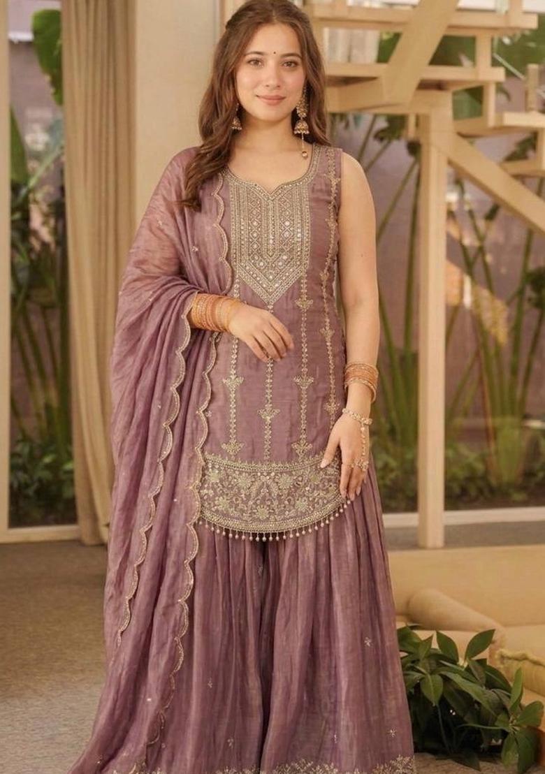 Lavender Embroidered Silk Kurta Set - Indya