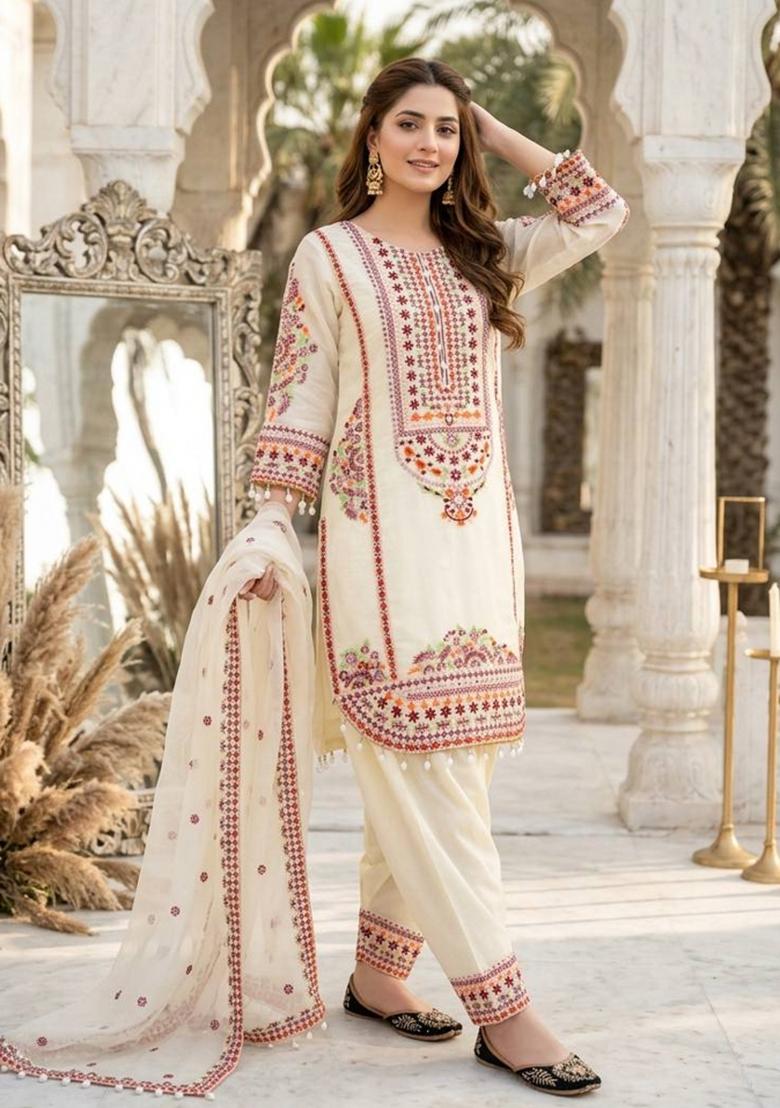 Cream Embroidered Chanderi Kurta Set - Indya