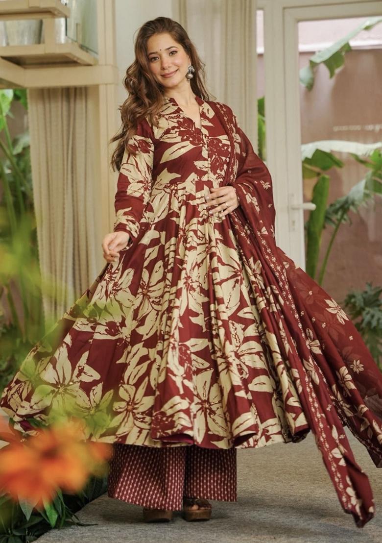 Orange Embroidered Cotton Kurta Set - Indya