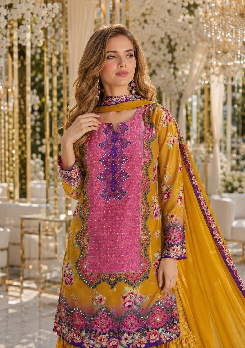 Purple Printed Crepe Kurta Set - Indya