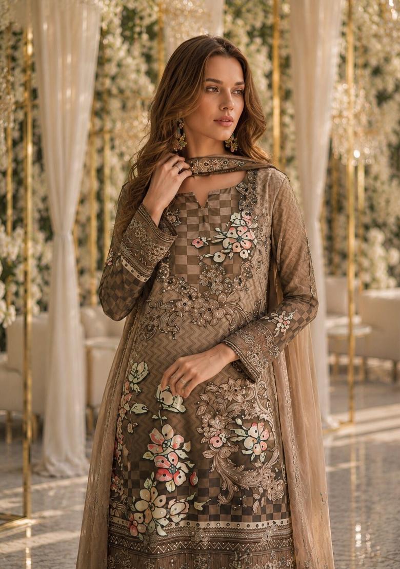 Pink Printed Crepe Kurta Set - Indya