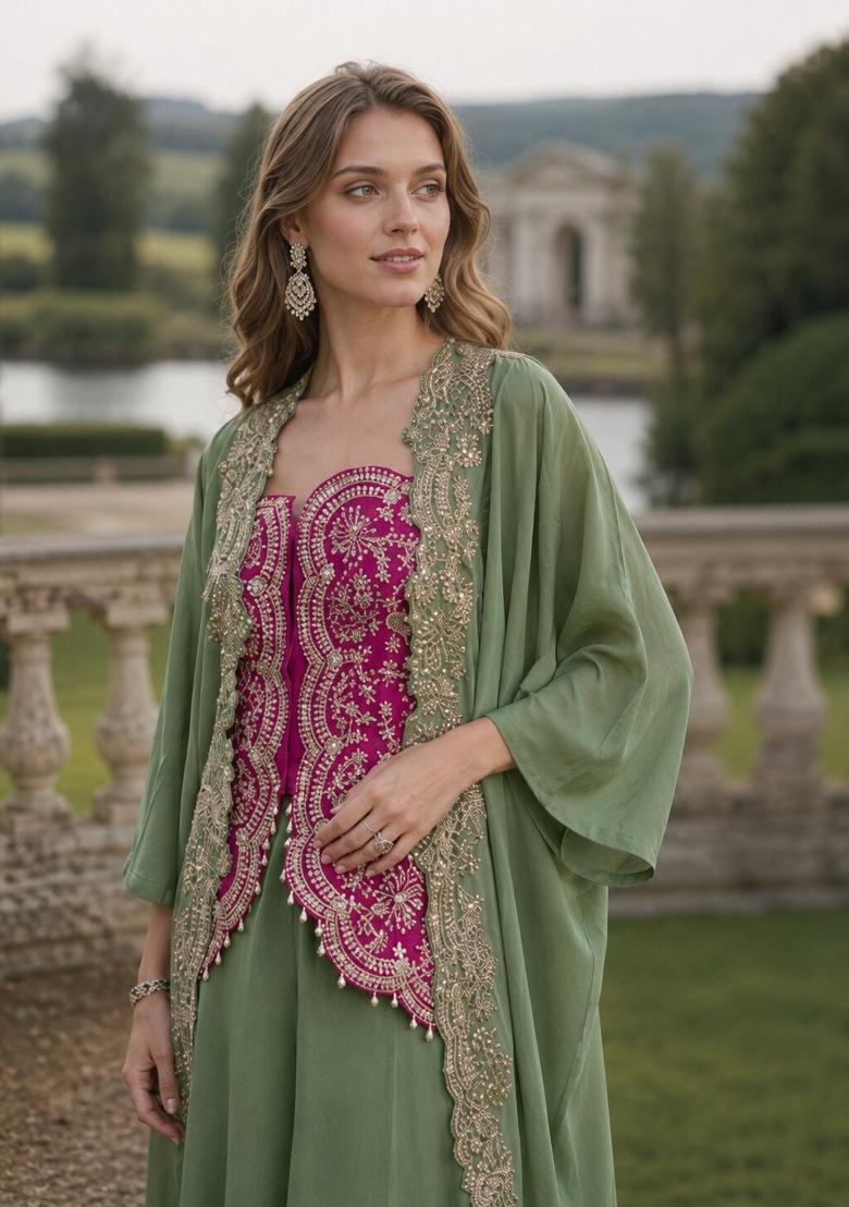 Yellow Embroidered Silk Kurta Set - Indya